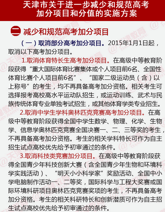 一张图看懂2015年天津高考加分政策