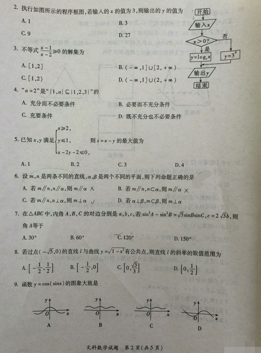 2015年福建省高三质检文科数学试题及答案