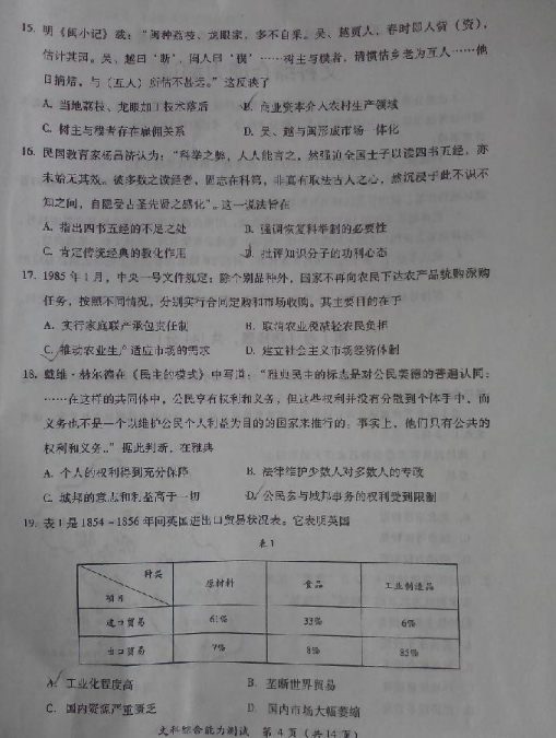 2015年福建省高三质检历史试题