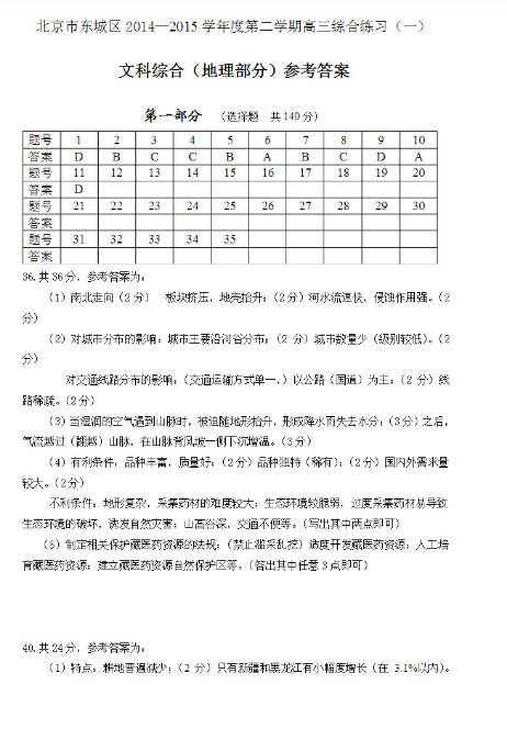 2015年北京东城区高三一模文综试题及答案
