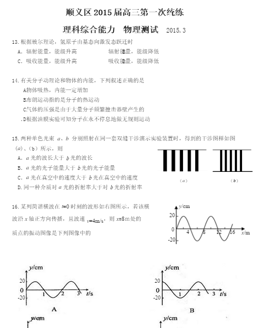 2015北京顺义高三一模物理试题及答案