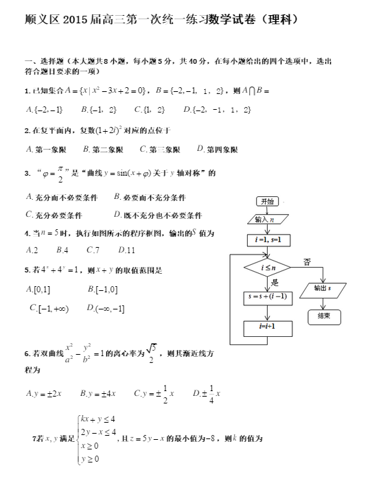 2015北京顺义高三一模理科数学试题及答案