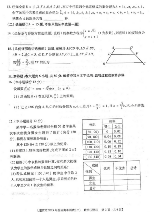 2015湛江二模理科数学试题及答案