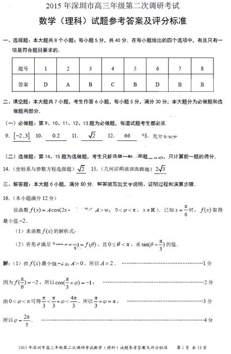 2015深圳二模理科数学试题及答案