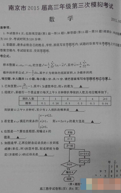 2015南京三模文科数学试题及答案