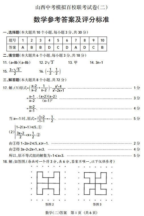 2015山西中考百校联考(2)数学试题答案