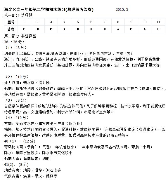 2015北京海淀高三二模地理试题及答案