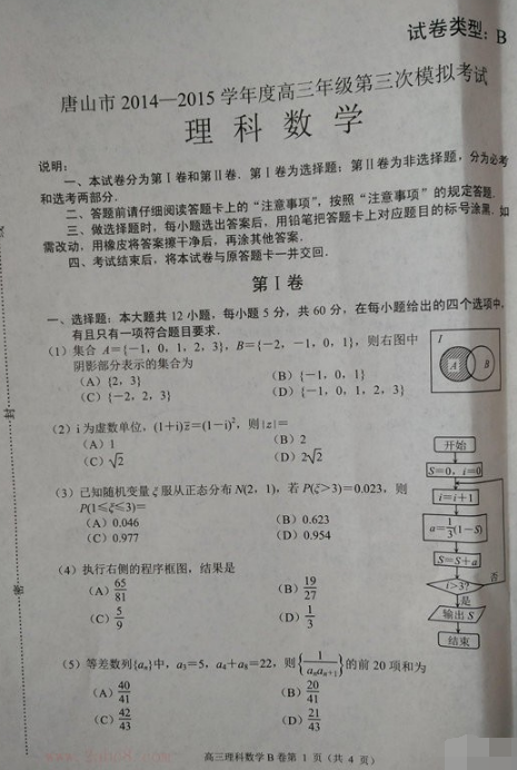 2015唐山三模理科数学试题及答案