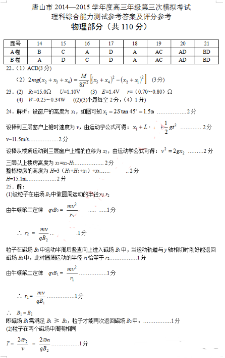 2015唐山三模物理答案