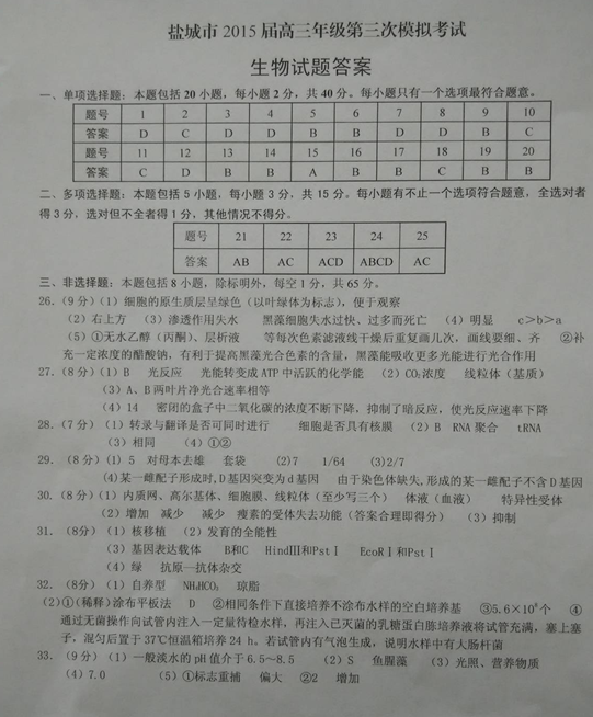 2015盐城三模生物答案