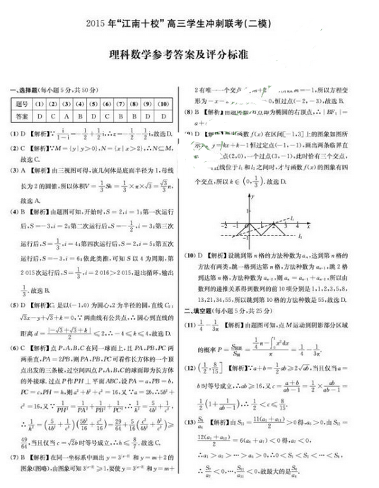 2015江南十校联考二模理科数学试题及答案