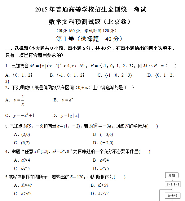 2015高考北京卷文科数学预测试题及答案