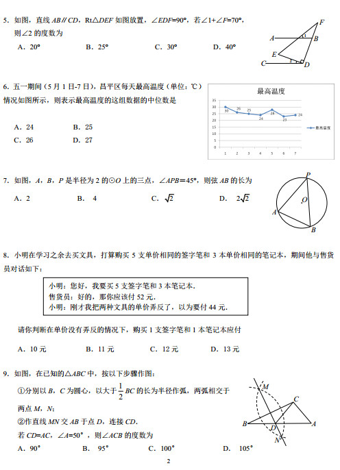 北京昌平区2015中考数学二模试题
