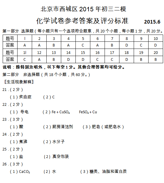 北京西城区2015中考化学二模试题答案