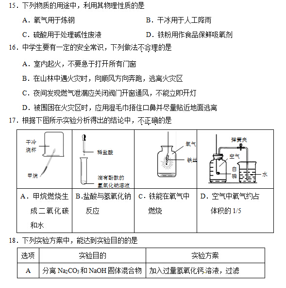 北京昌平区2015中考化学二模试题