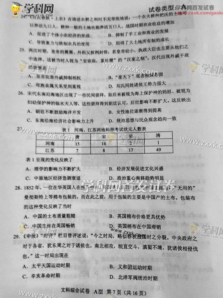 湖南2015高考文科综合试卷答案