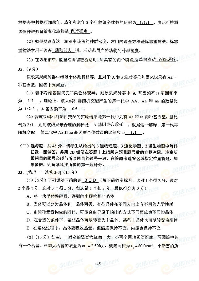 2015湖南高考理科综合试卷试题