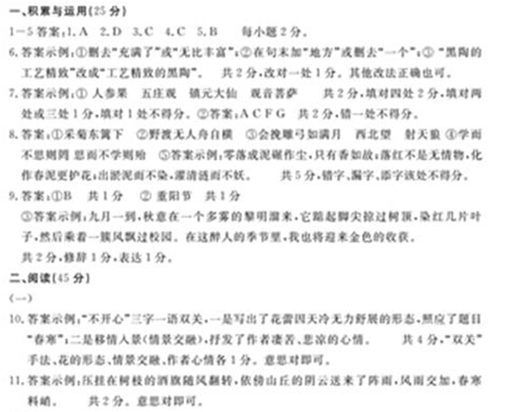 2015德州中考语文答案