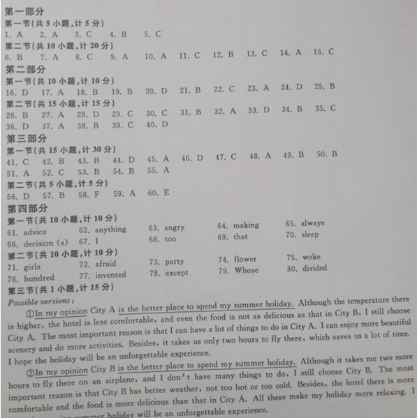 2015浙江杭州中考英语答案