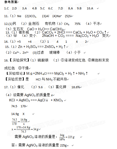 2015四川宜宾中考化学答案