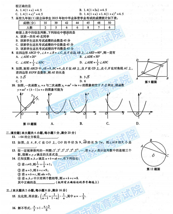 2015安徽中考数学试卷