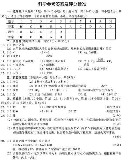 2015浙江宁波中考科学答案