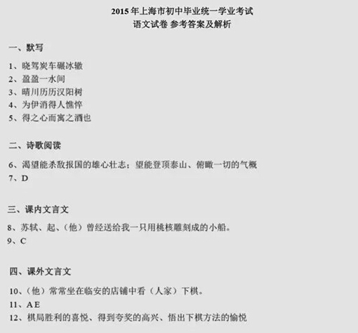 2015上海中考语文答案