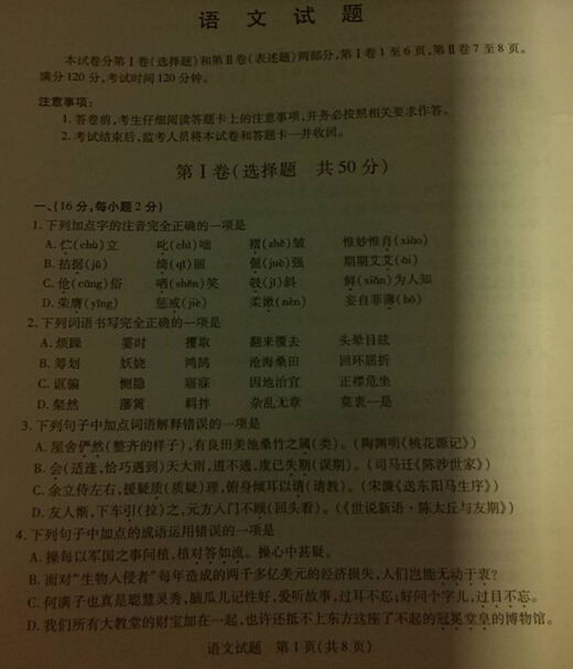 2015山东泰安中考语文试卷及答案