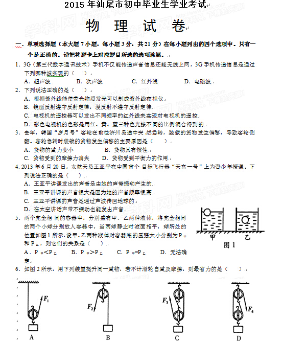 2015广东汕尾中考物理试卷
