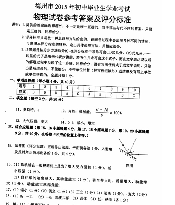 2015年梅州中考物理