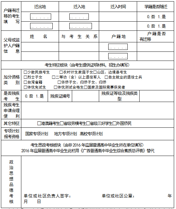 2016年广西高考报名登记表(样表)