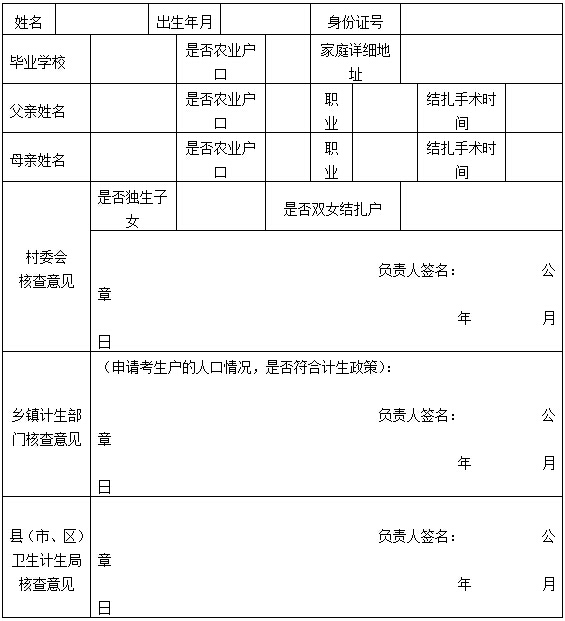 2016广西高考农村独生子女考生登记表