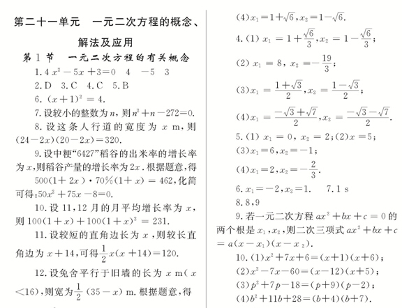 人教版九年级上册数学练习册答案
