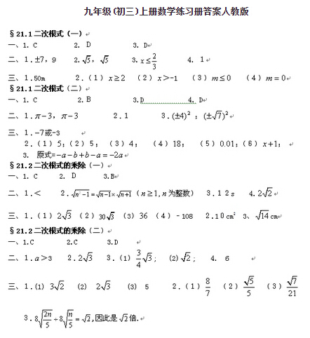 人教版九年级上册数学配套练习册答案