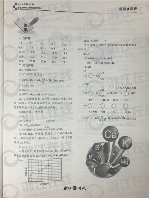 2015年10月浙江新高考学考选考化学试题及答案