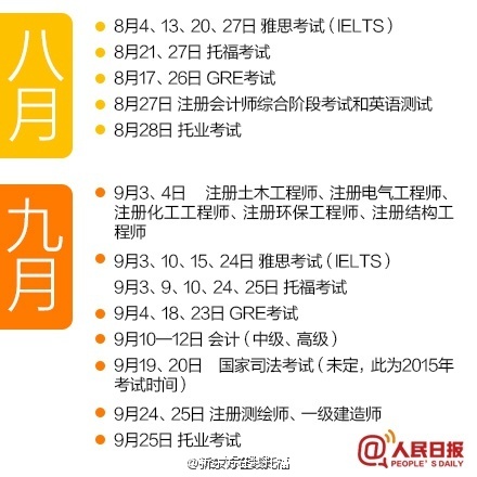 2016年8月9月考试时间表：托福等考试时间安排(图)