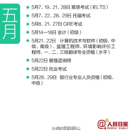 2016年5月考试时间表：托福等考试时间安排(图)