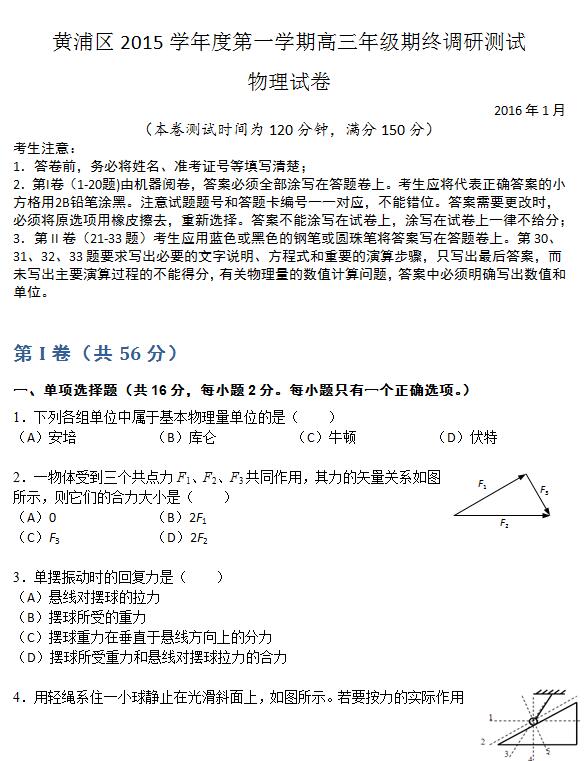 2016届上海市黄浦区高三一模物理试题及答案