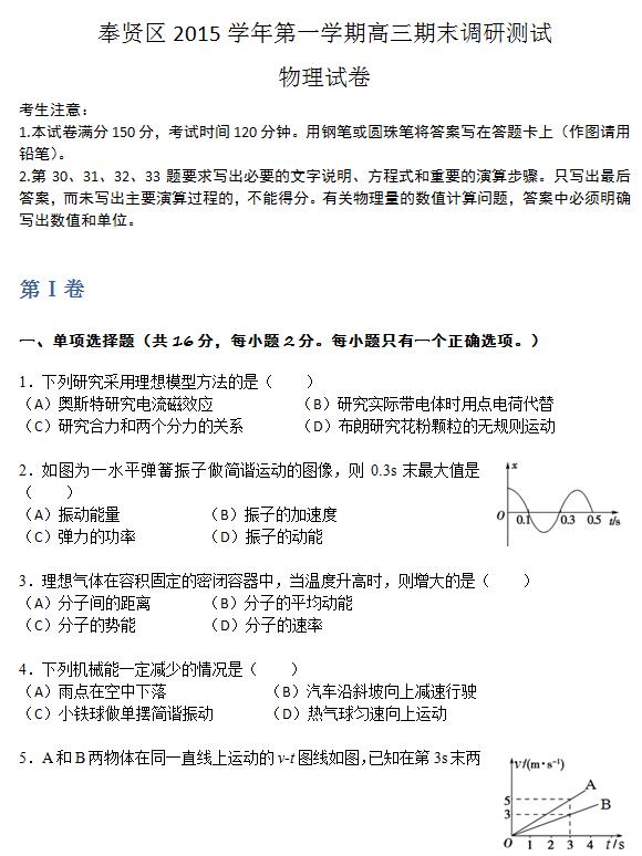 2016届上海市奉贤区高三一模物理试题及答案