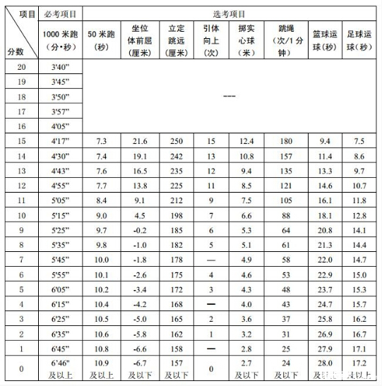 2016安徽合肥中考体育评分标准