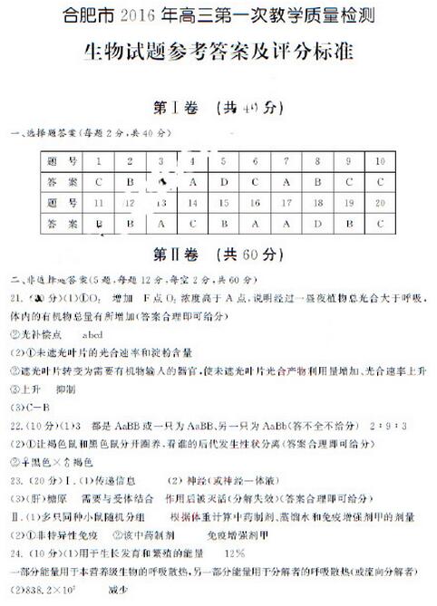 2016合肥一模理综试题及答案