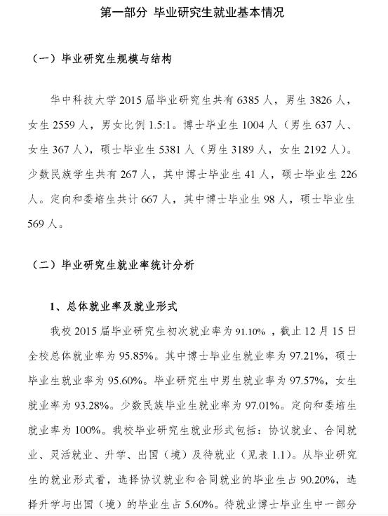 华中科技大学2015年研究生毕业生就业质量