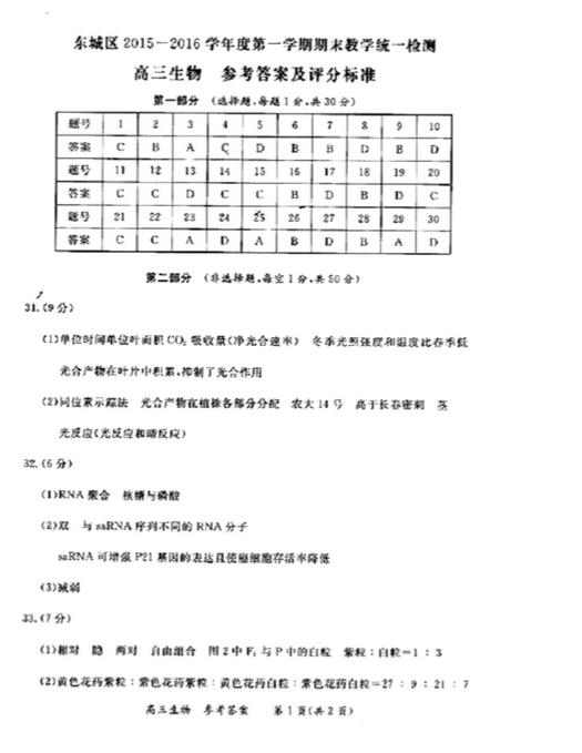 2016年北京东城区高三期末生物试题及答案