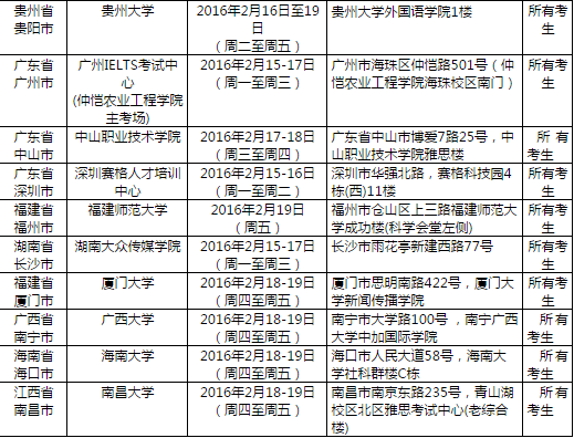 2016年2月20日全国各考点雅思口语安排