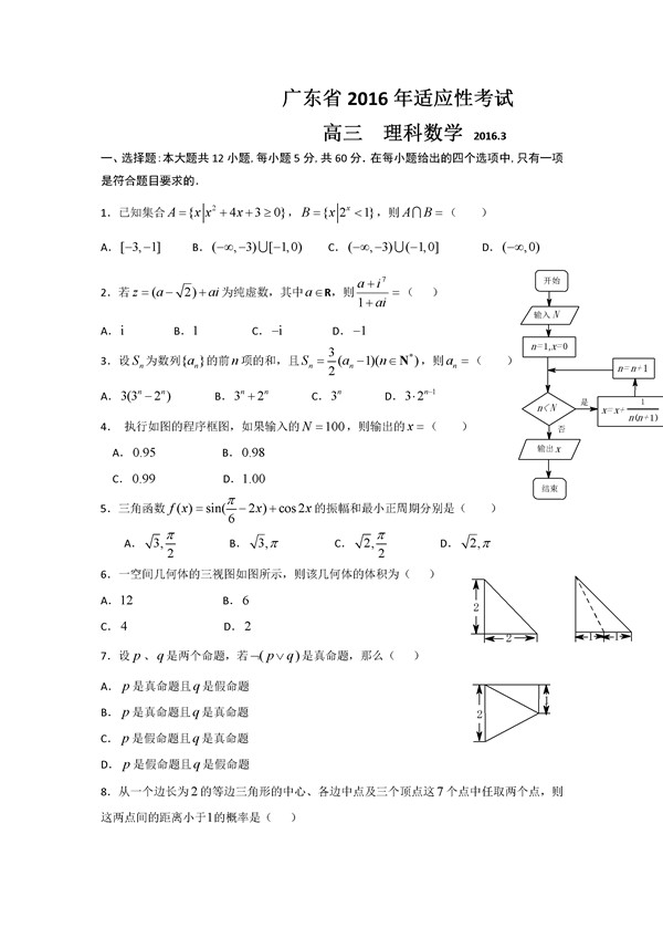 2016广东省适应性测试理科数学试题及答案