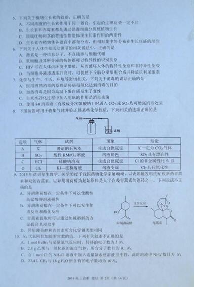 2016兰州一诊理综试题