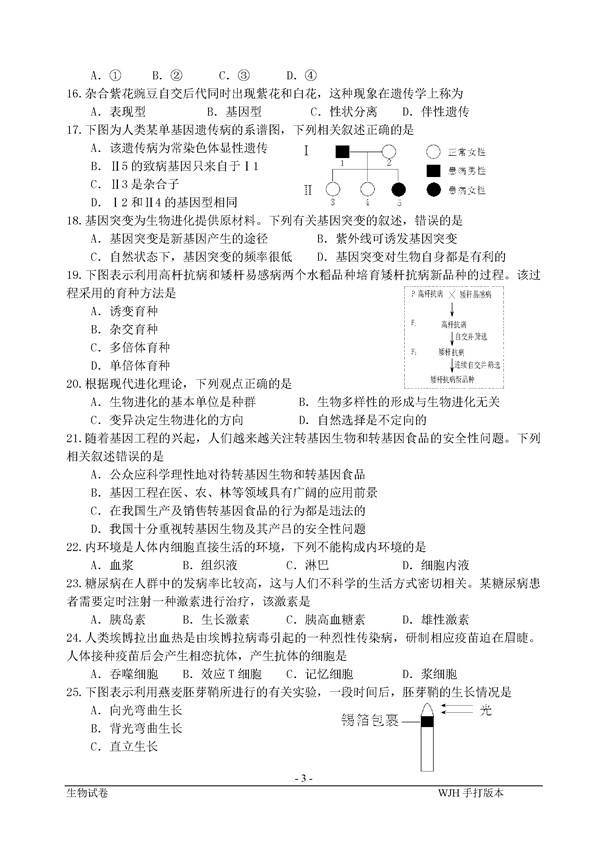 2015江苏普通高中学业水平测试生物试卷及答案