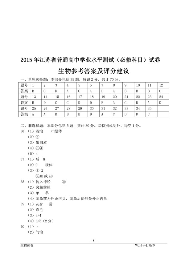 2015江苏普通高中学业水平测试生物试卷及答案