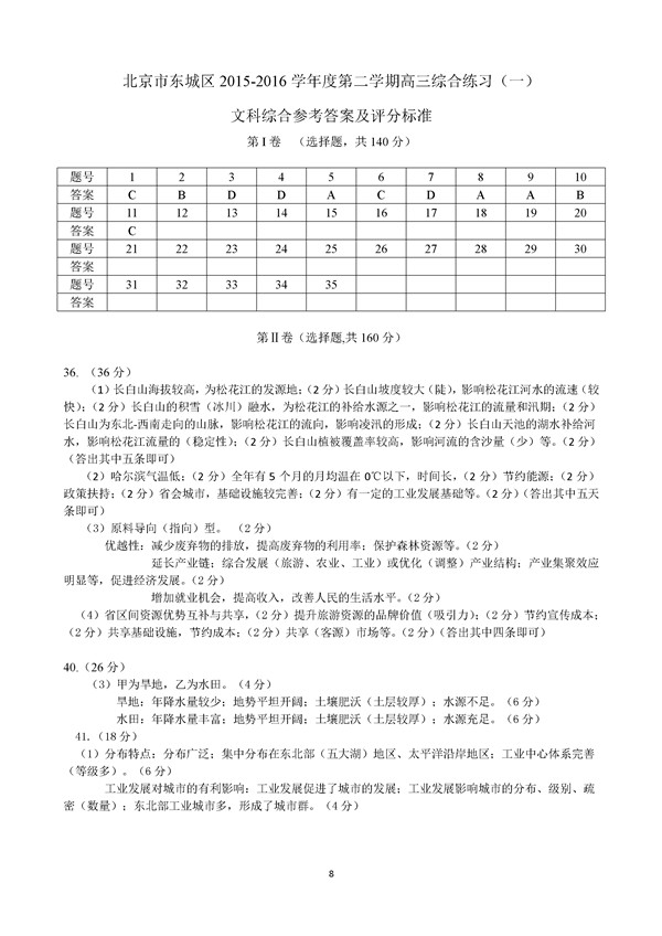 2016北京东城区高三一模地理试题及答案
