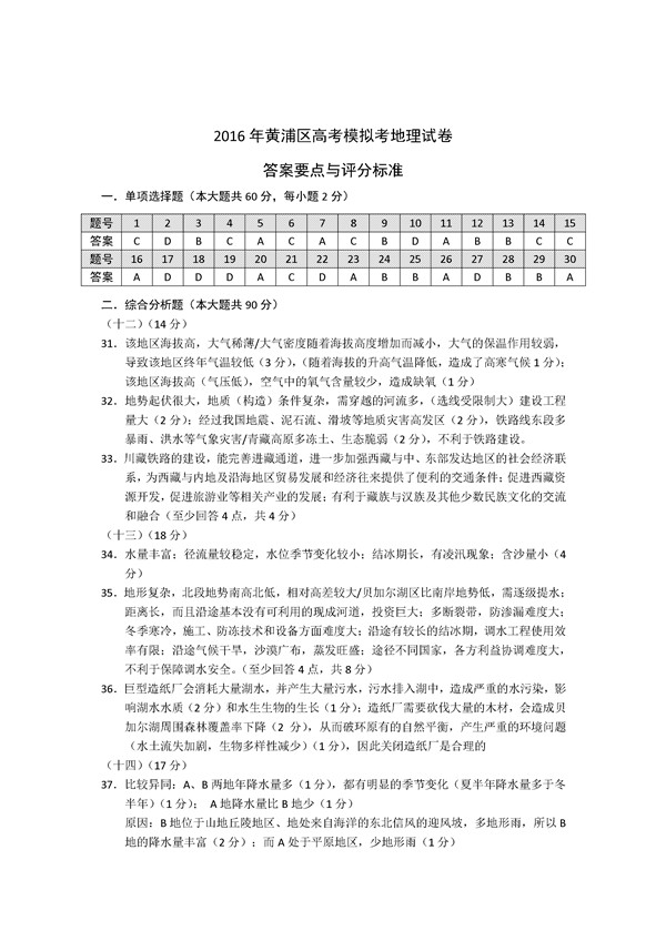 2016上海市黄浦区高三二模地理试题及答案
